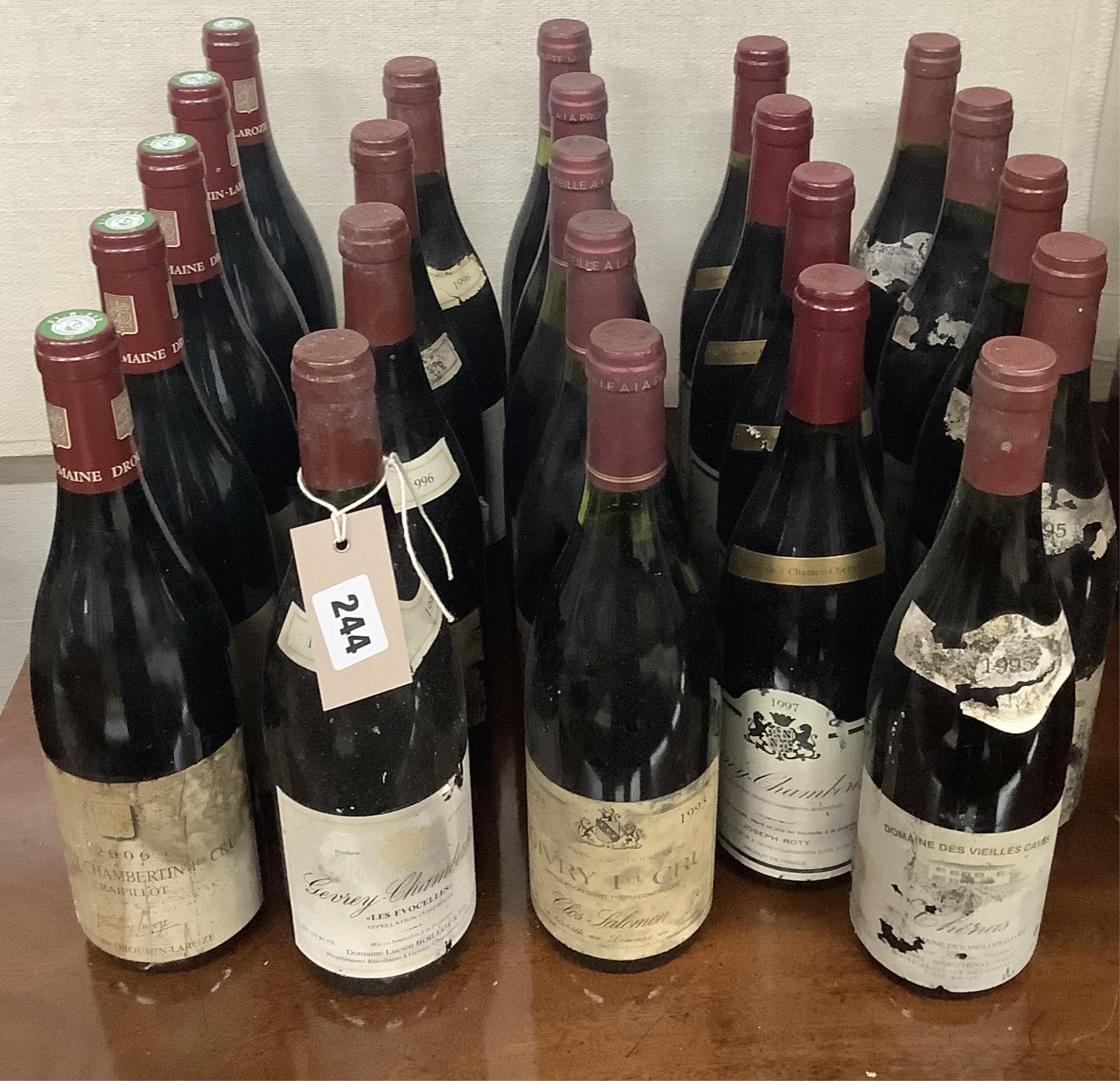 Twenty three bottles of assorted wine to include Domaine Drouhin-Laroze Craipillot Gevrey Chambertin 1er Cru 2006 (5) and Joseph Roty Gevrey Chambertin 1997 (4). Condition poor to fair, from a local private cellar